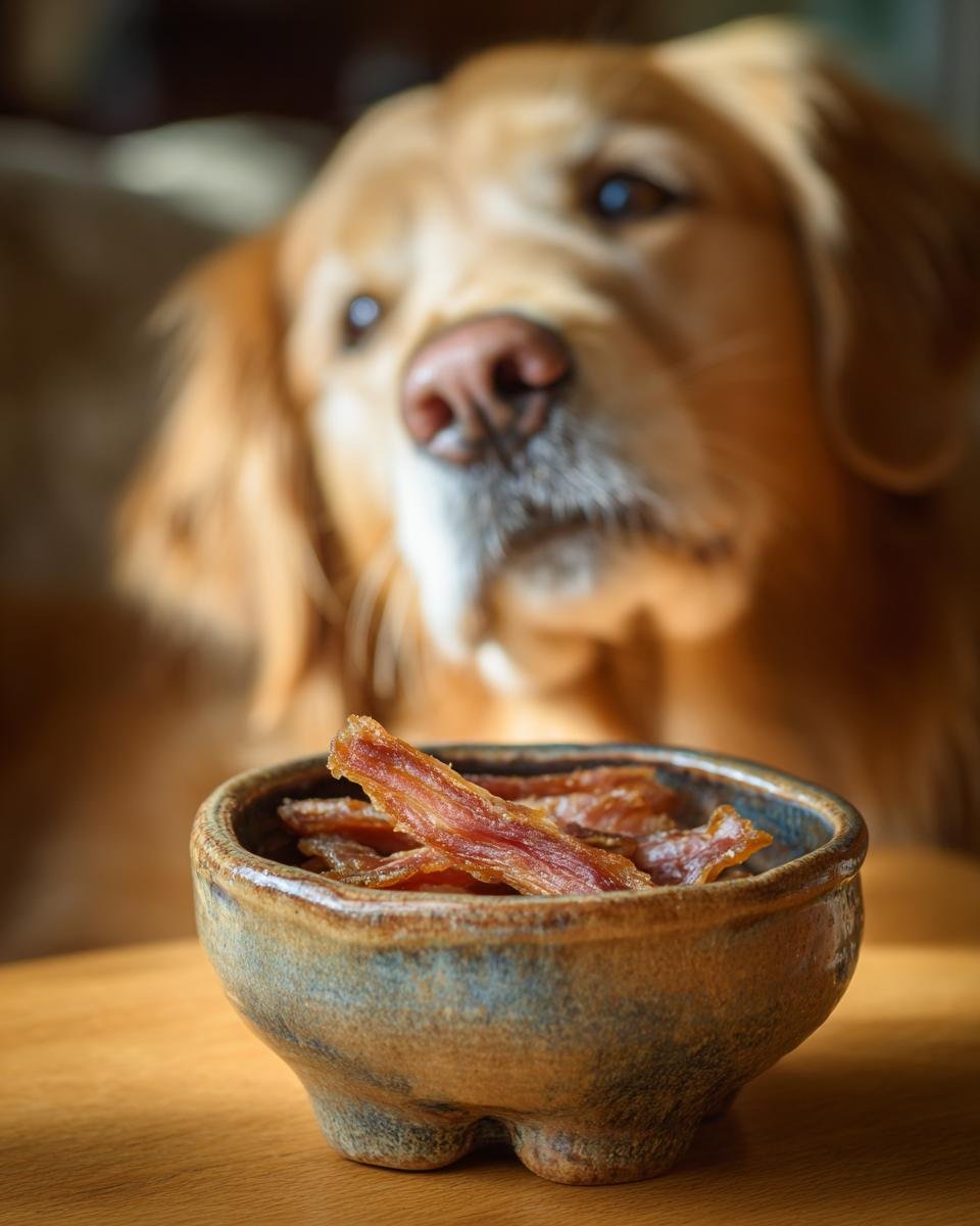 A bowl of Chicken Broccoli Mini Jerky with a Golden Retriever dog in the background.
