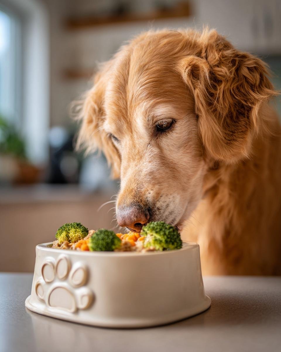 Golden Retriever dog eagerly eating a bowl of chicken and broccoli meal, designed for muscle support.
