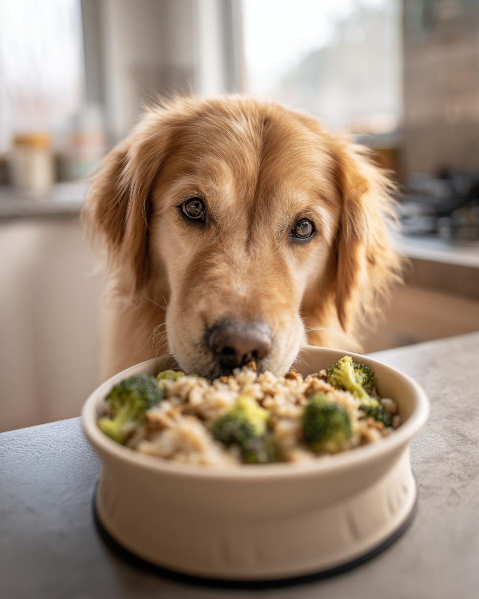 Golden Retriever dog looking at a bowl of chicken and broccoli meal, ready to eat.