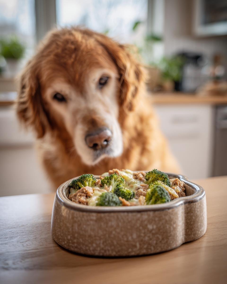 Golden Retriever dog looking at a bowl of Chicken and Broccoli Muscle Support Meal for Daily Strength.