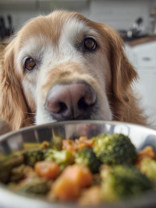 A golden retriever looks intently at a bowl of chicken and broccoli, ready for its muscle support meal.