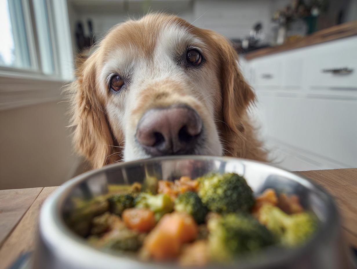 A golden retriever looks intently at a bowl of chicken and broccoli, ready for its muscle support meal.