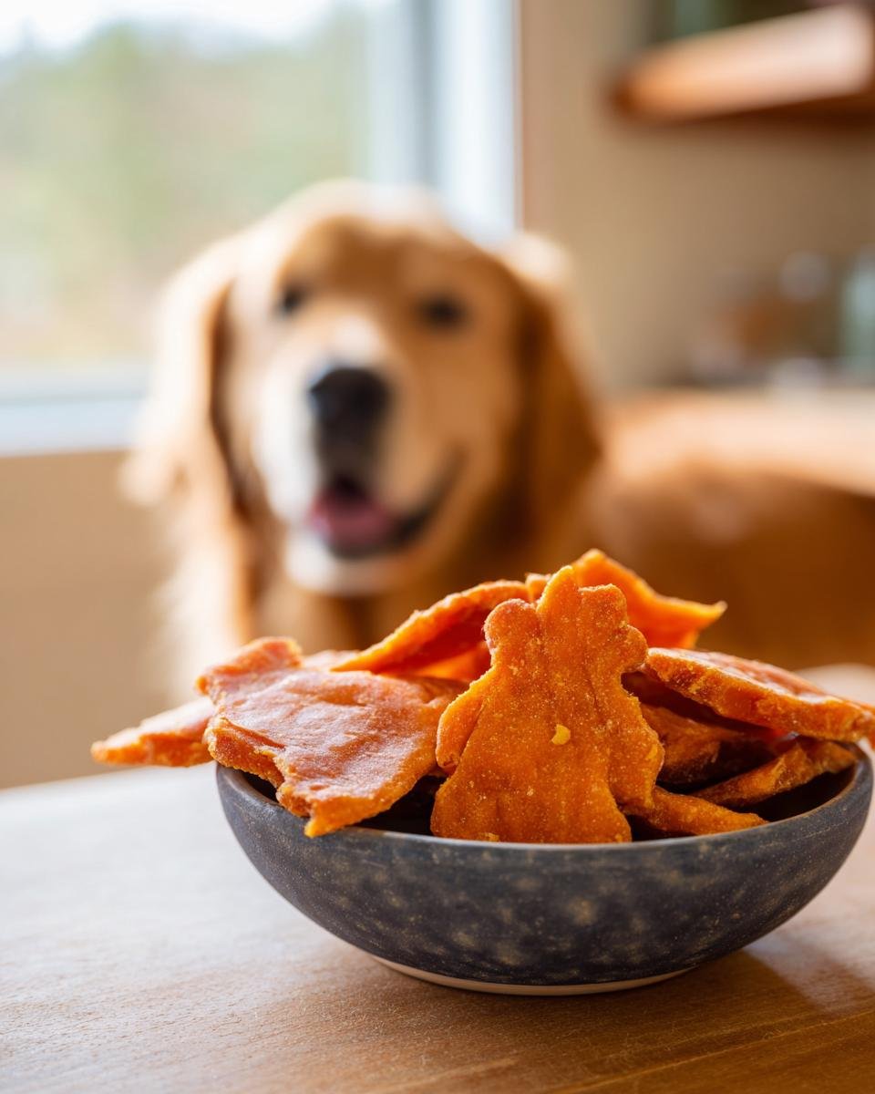 A bowl of Chicken Butternut Fuel Jerky with a golden retriever dog in the background.