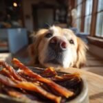 A golden retriever dog eagerly looks at a bowl of Chicken Butternut Fuel Jerky.
