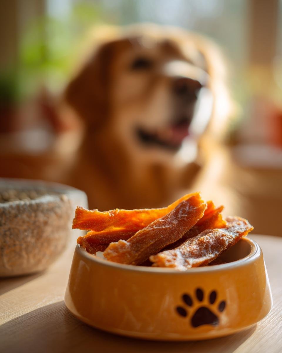 Close-up of Chicken Butternut Fuel Jerky in a dog bowl, with a golden retriever in the blurred background.