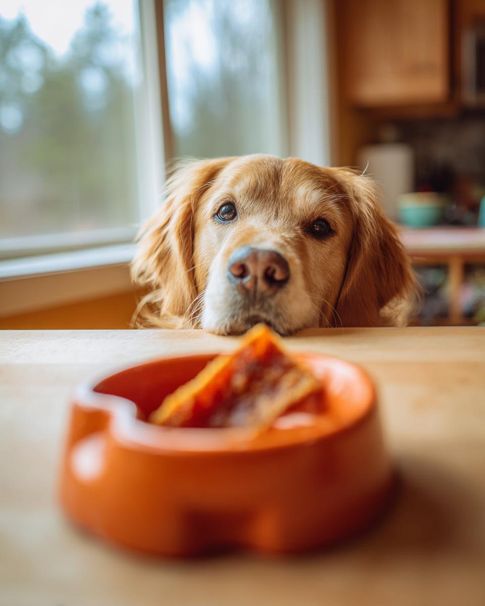 A golden retriever dog looking longingly at a bowl of Chicken Butternut Fuel Jerky on a table.