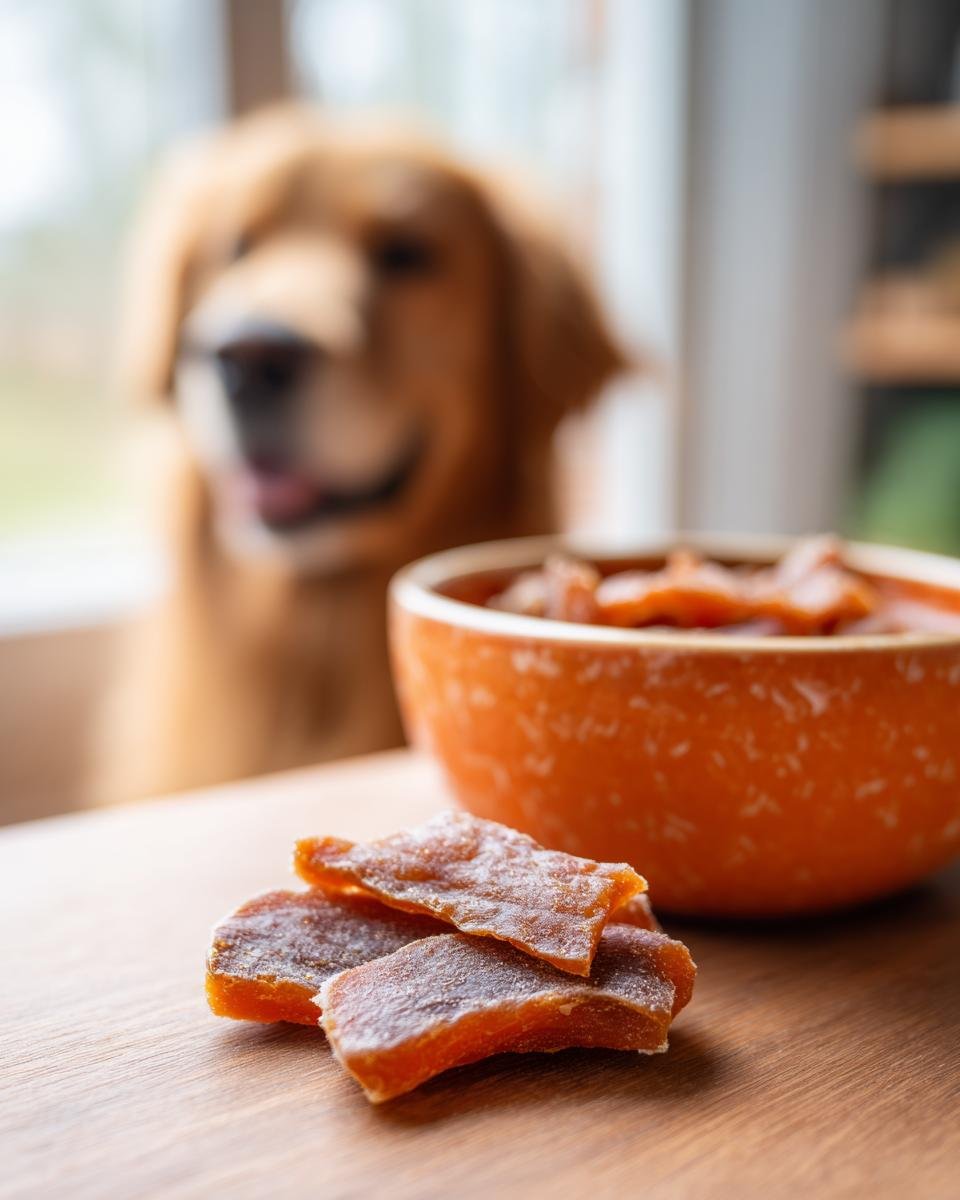 Close-up of homemade Chicken Butternut Fuel Jerky pieces with a golden retriever dog blurred in the background.