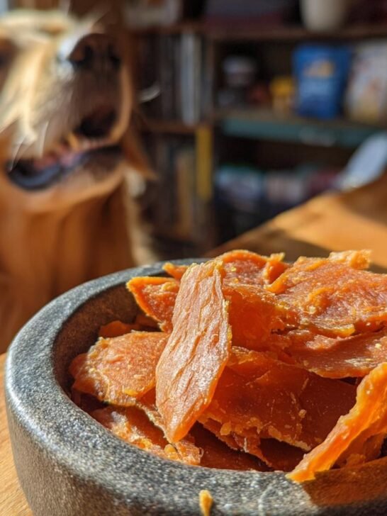 A bowl of Chicken Butternut Fuel Jerky with a happy Golden Retriever in the background.