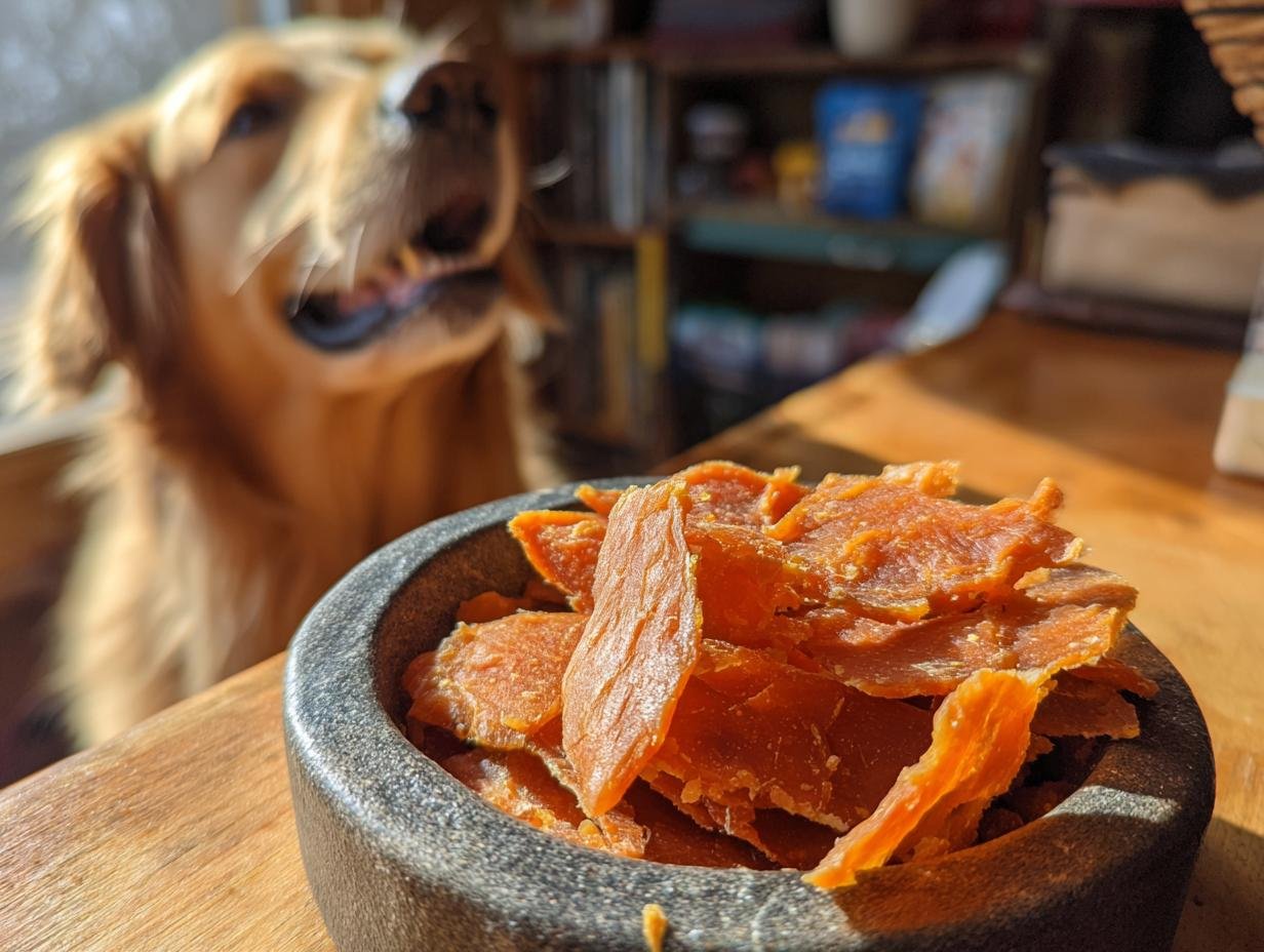 A bowl of Chicken Butternut Fuel Jerky with a happy Golden Retriever in the background.