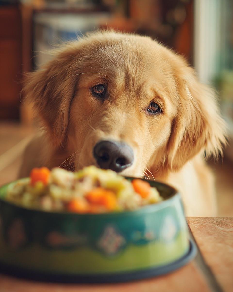 A golden retriever looks intently at a bowl of Chicken and Cabbage Weight Care Dish for Light Nutrition.