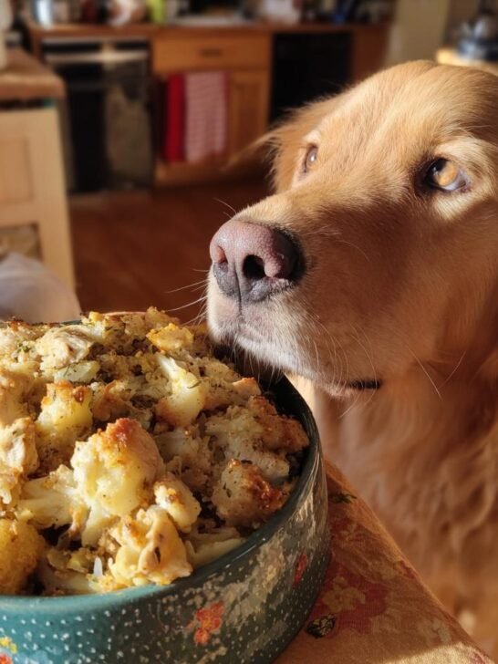 Golden retriever looking at a bowl of Chicken and Cabbage Weight Care Dish for Light Nutrition.