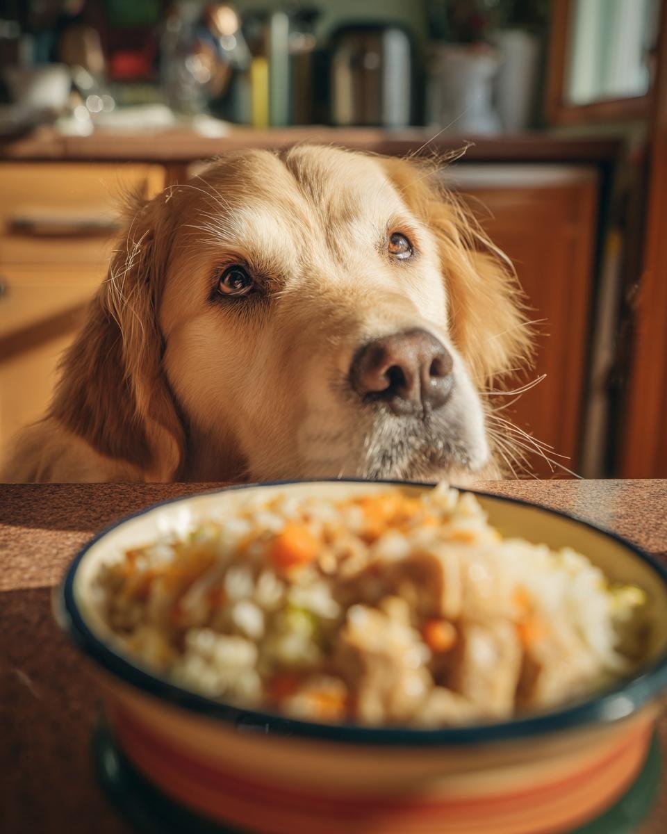 A golden retriever looks longingly at a bowl of chicken and cabbage dish, a healthy meal.