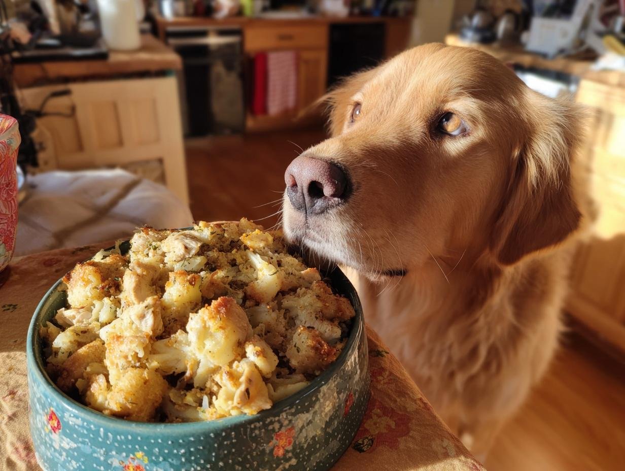 Golden retriever looking at a bowl of Chicken and Cabbage Weight Care Dish for Light Nutrition.