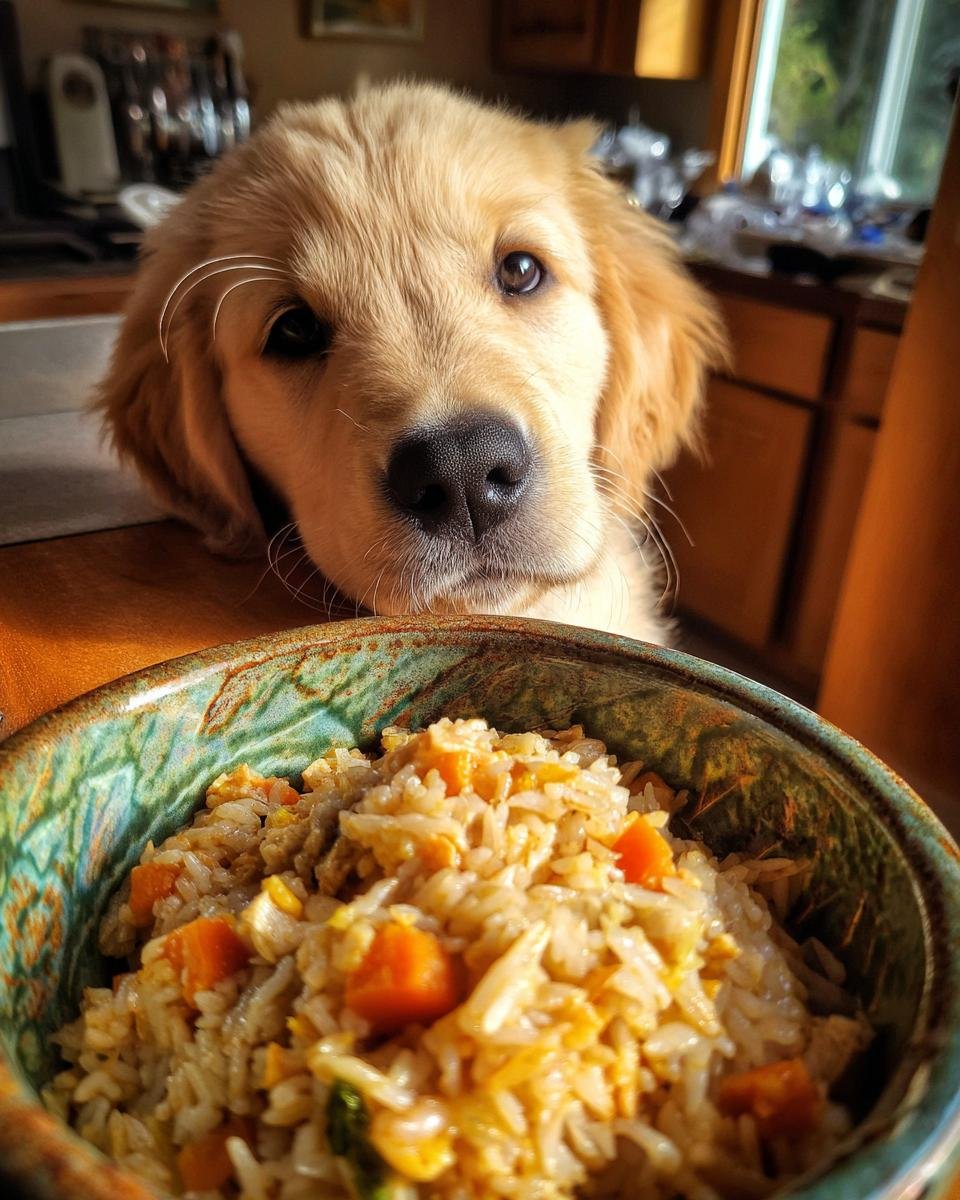 A cute Golden Retriever puppy looks longingly at a bowl of Chicken and Cabbage Weight Care Dish for Light Nutrition.