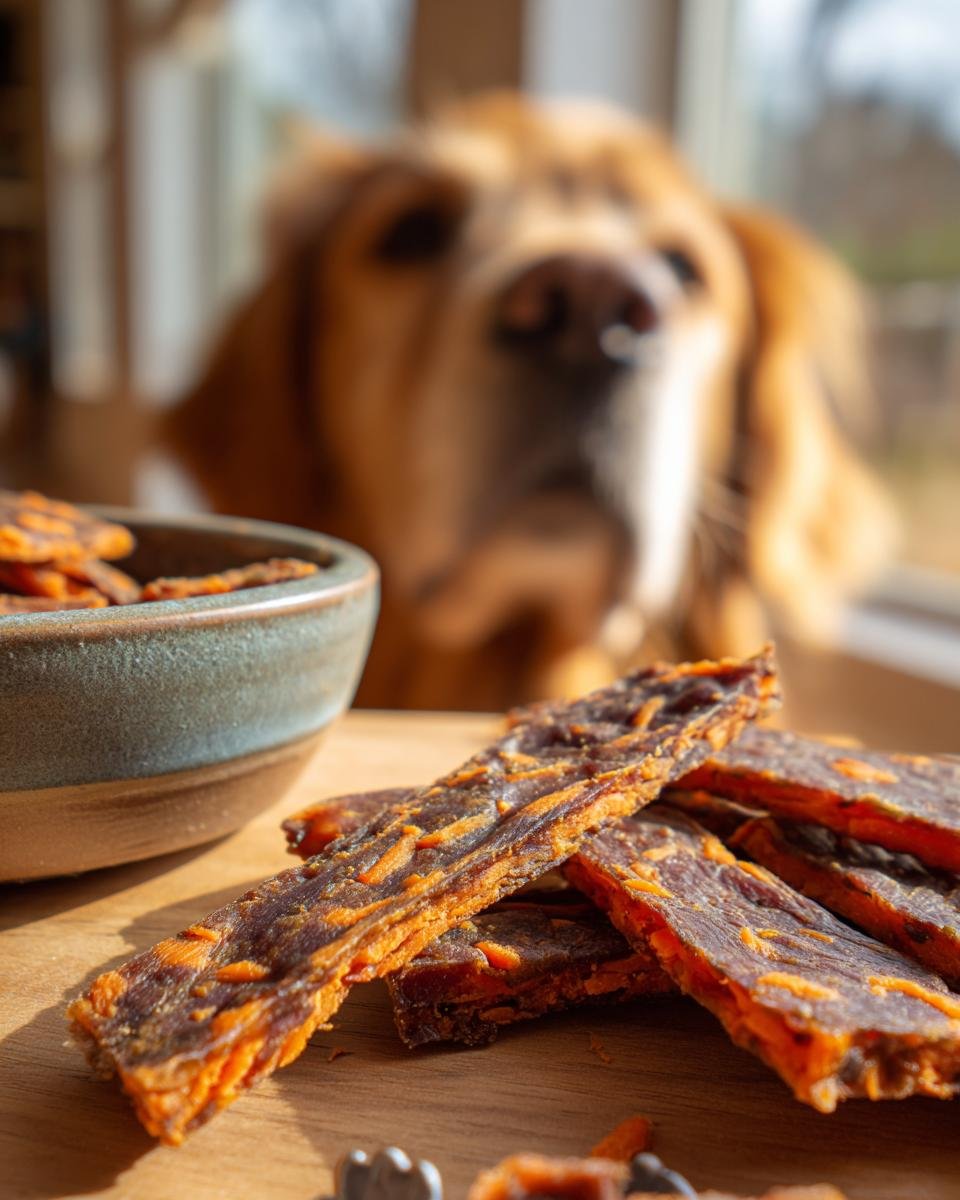 Close-up of Chicken Carrot Fitness Jerky with a Golden Retriever dog in the blurred background.