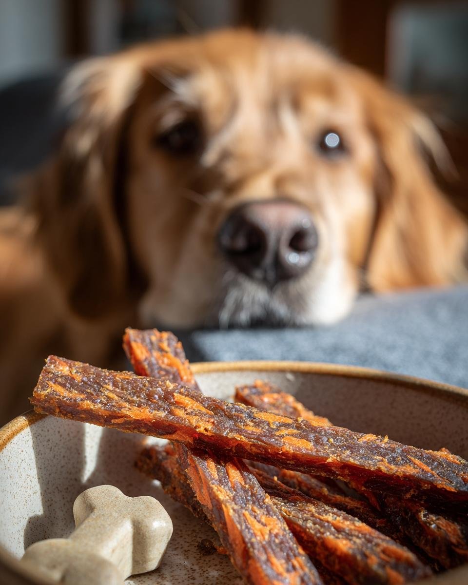 A golden retriever dog looking longingly at a bowl of Chicken Carrot Fitness Jerky.