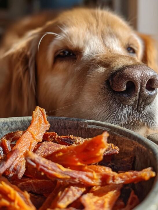 A golden retriever dog looks longingly at a bowl of homemade Chicken Carrot Fitness Jerky.