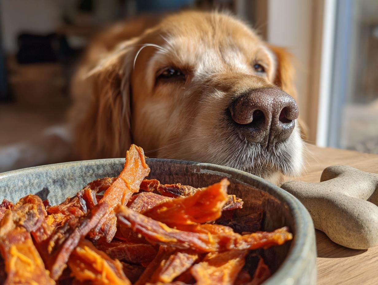 A golden retriever dog looks longingly at a bowl of homemade Chicken Carrot Fitness Jerky.