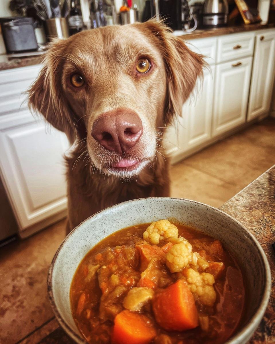 A cute dog looks longingly at a bowl of chicken and cauliflower gut friendly stew.