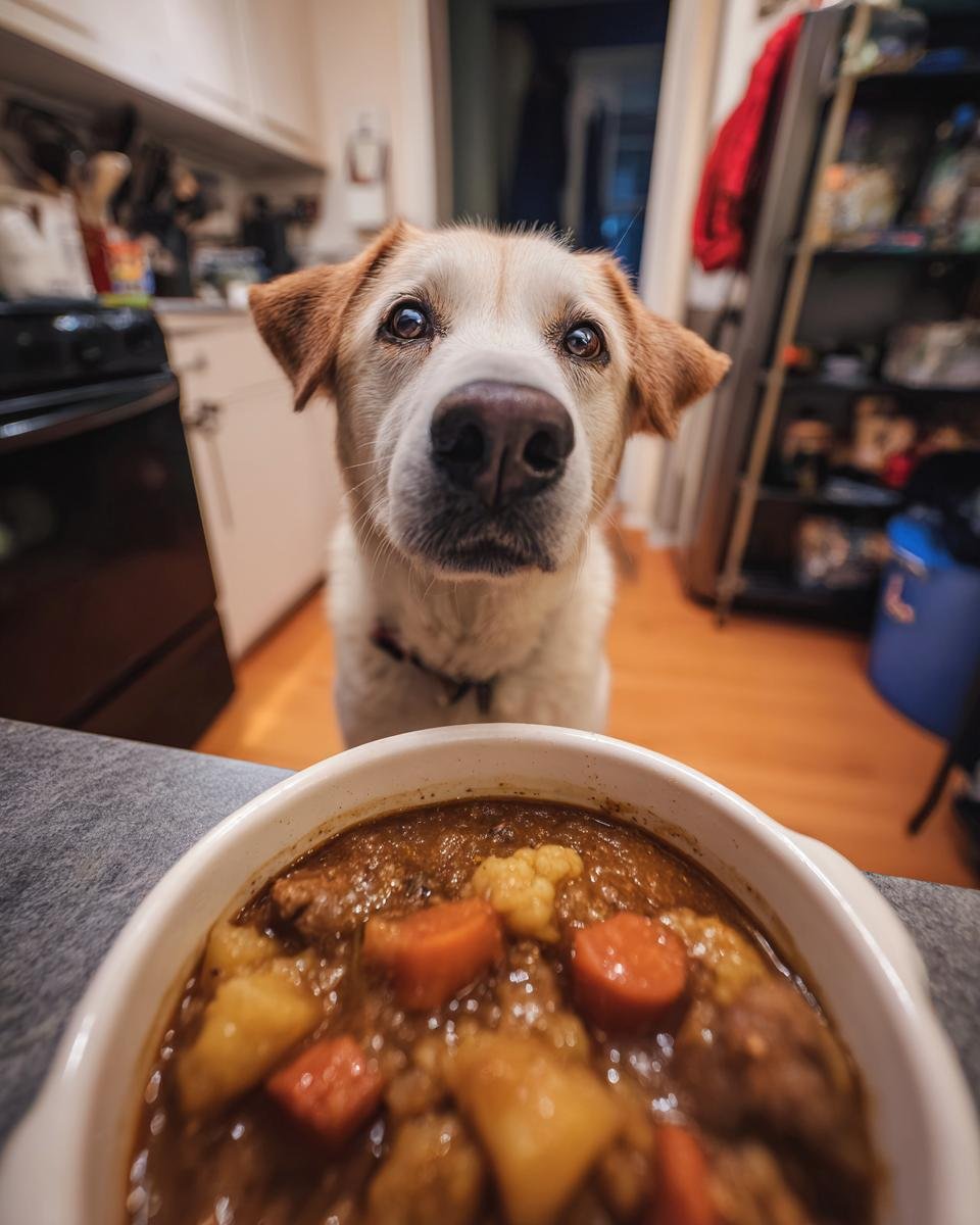 A dog looks intently at a bowl of Chicken and Cauliflower Gut Friendly Stew.