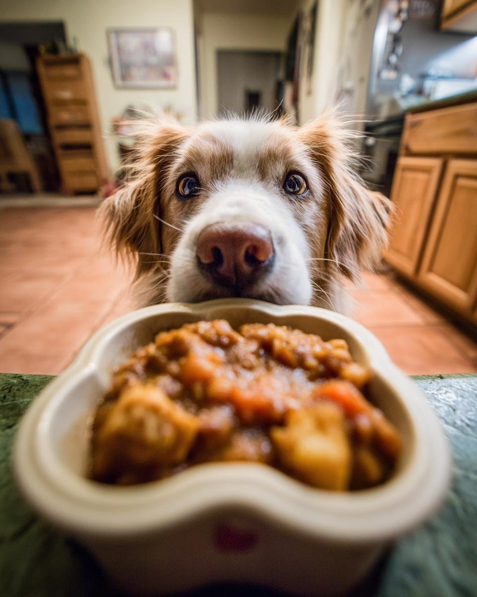 A cute dog with pleading eyes looks at a bowl of Chicken and Cauliflower Gut Friendly Stew.