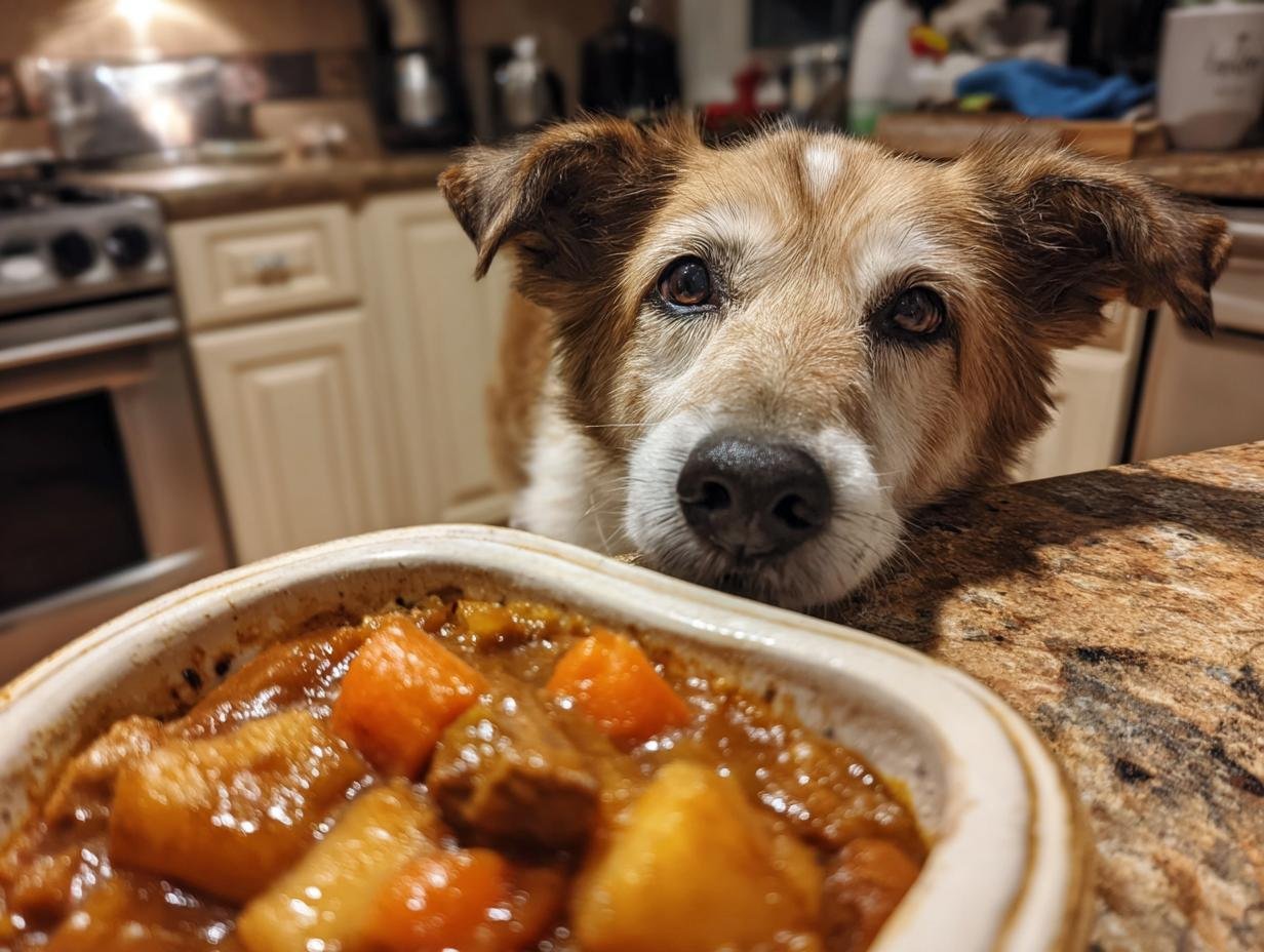 A dog looking longingly at a bowl of Chicken and Cauliflower Gut Friendly Stew.