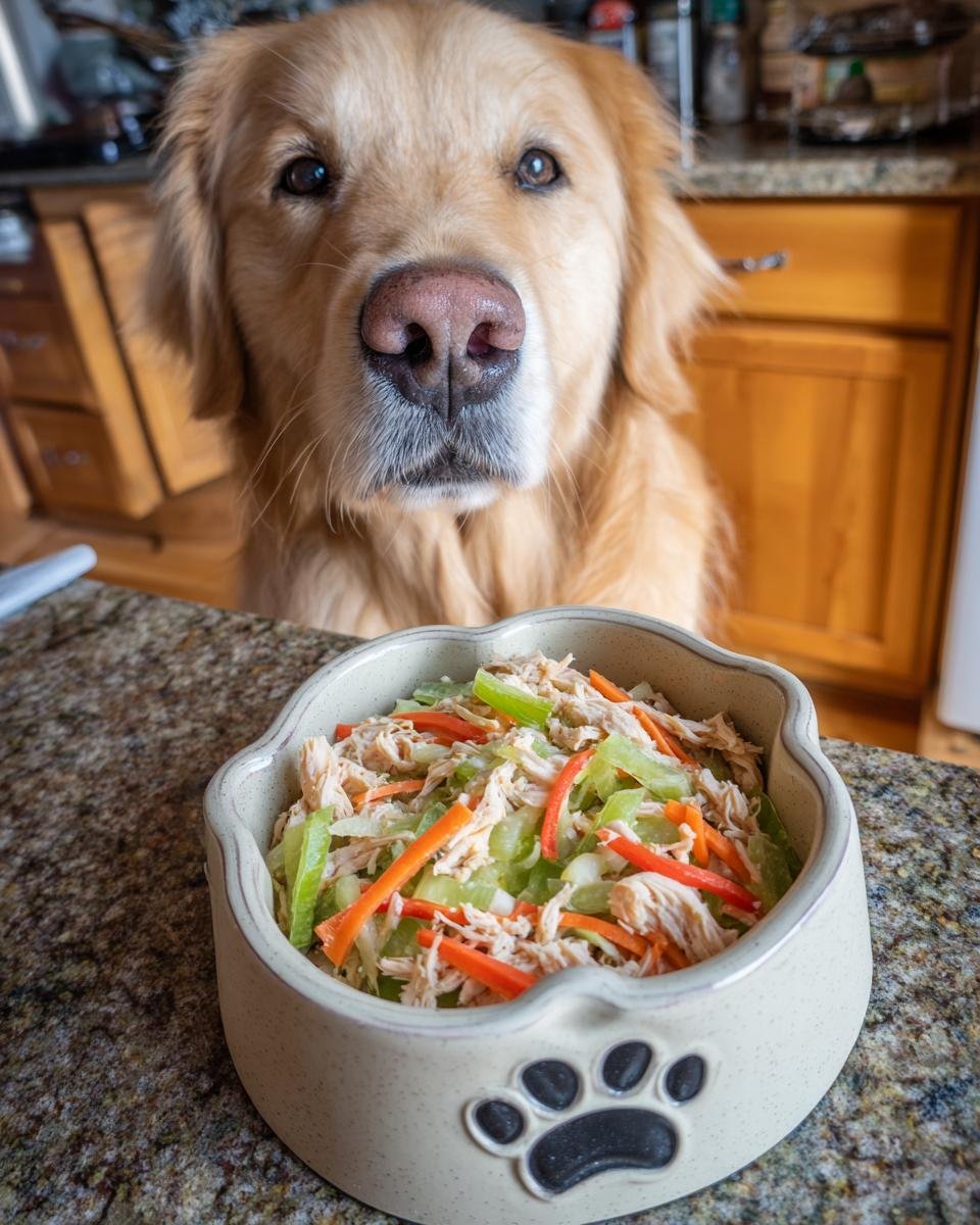 A golden retriever looks expectantly at a bowl filled with shredded chicken, celery, and carrots, perfect for a Chicken and Celery Hydration Bowl.