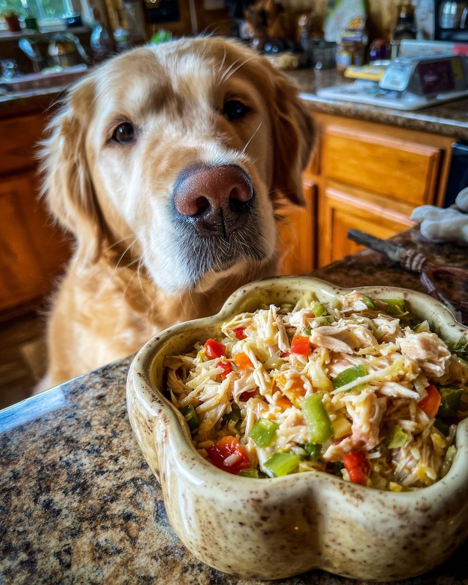 A golden retriever dog looks intently at a bowl filled with chicken and celery hydration bowl.