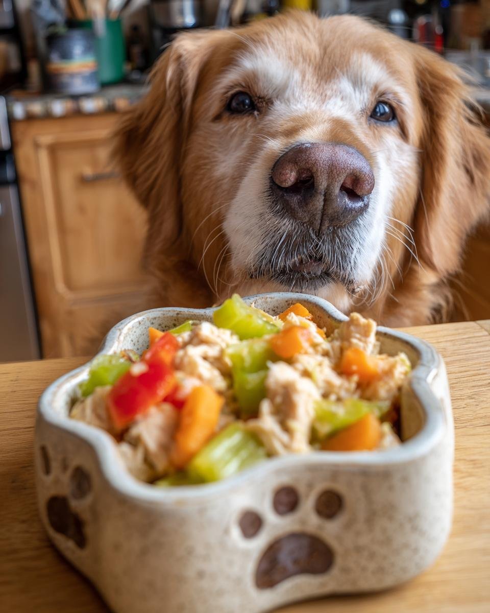 A golden retriever looks intently at a bowl filled with chicken and celery hydration bowl for warm weather.