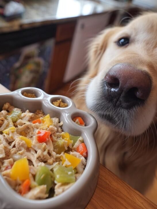 Golden Retriever dog looking at a bowl of Chicken and Celery Hydration Bowl for warm weather.