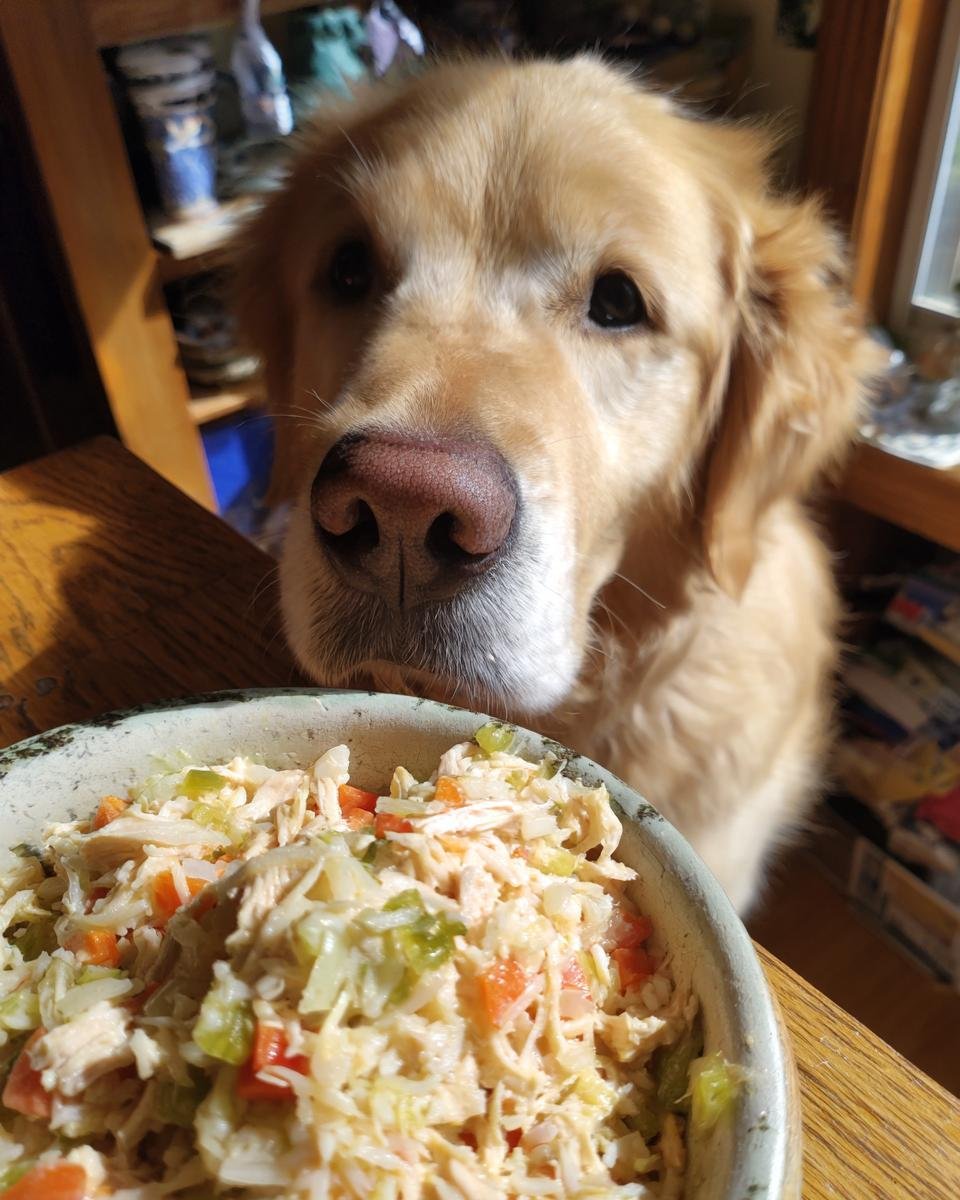 A golden retriever looks intently at a bowl of chicken and celery hydration bowl, ready for a warm weather meal.