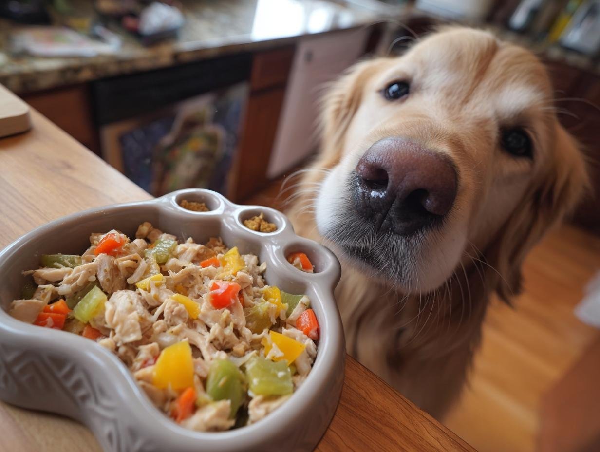 Golden Retriever dog looking at a bowl of Chicken and Celery Hydration Bowl for warm weather.
