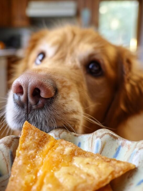 A golden retriever dog looking intently at a bowl of chicken cheese snack jerky.