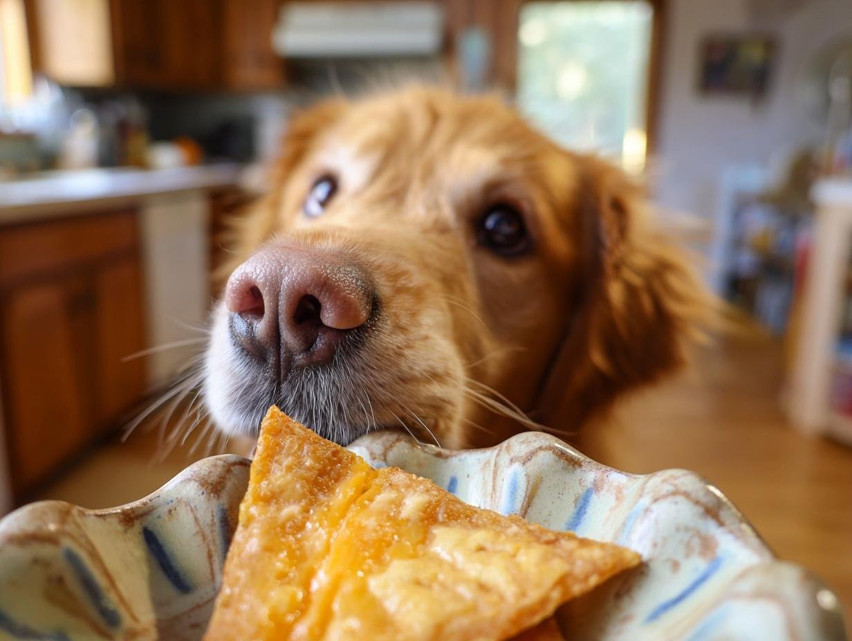 A golden retriever dog looking intently at a bowl of chicken cheese snack jerky.