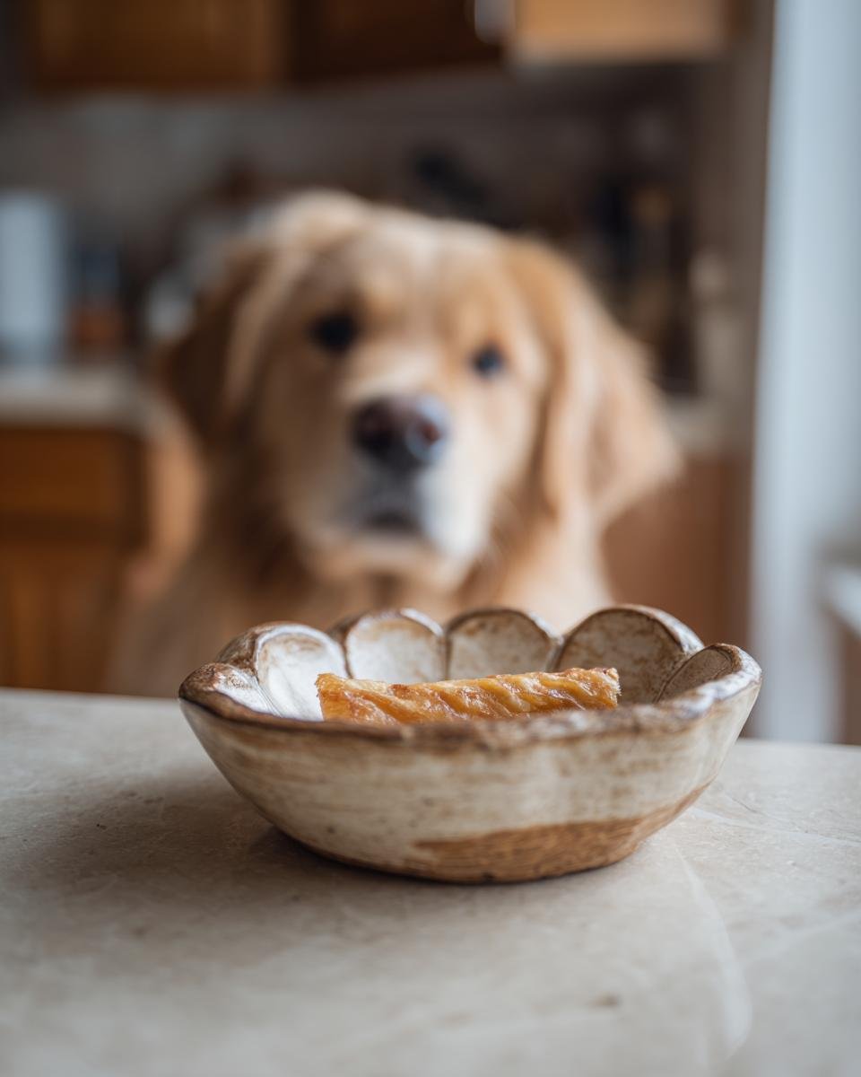 A golden retriever dog looking at a bowl with Chicken Cheese Snack Jerky.