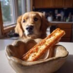 A golden retriever dog looking at a piece of chicken cheese snack jerky in a bowl.