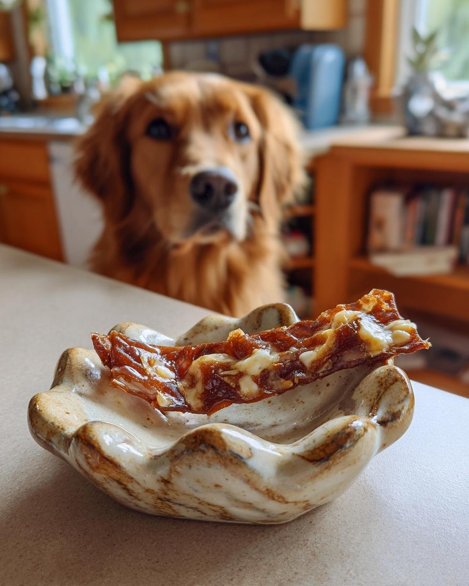 A piece of chicken cheese snack jerky in a decorative bowl, with a golden retriever dog looking on in the background.