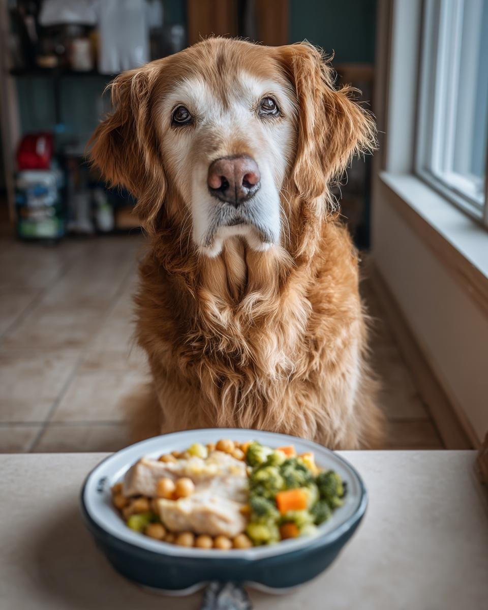 A patient Golden Retriever sits in front of a bowl of chicken and chickpeas, looking towards the camera.