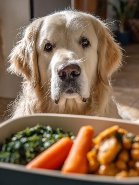 A golden retriever dog looking intently at a bowl of chicken and chickpeas with carrots.