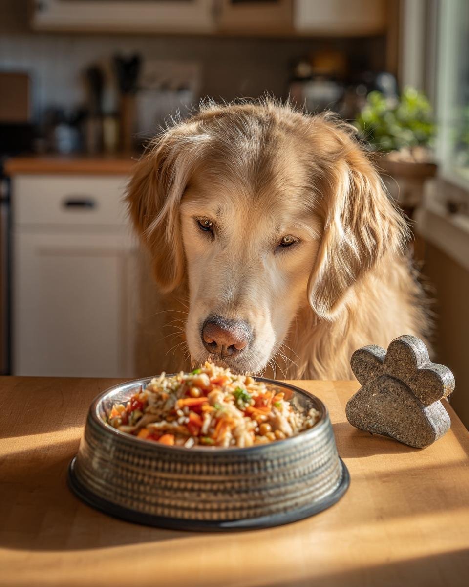 A golden retriever intently looking at a bowl of chicken and chickpea meal, with a paw-shaped stone beside it.
