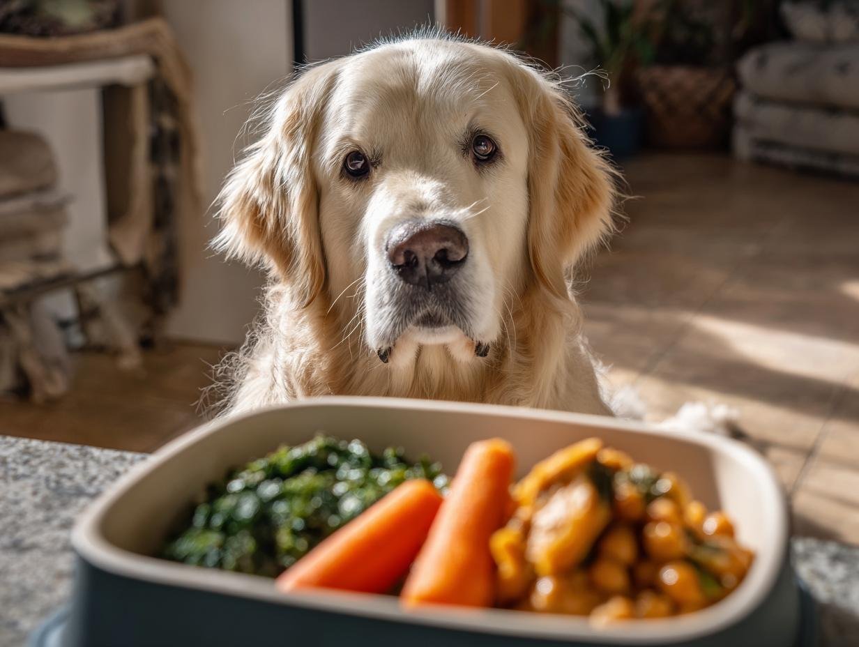 A golden retriever dog looking intently at a bowl of chicken and chickpeas with carrots.