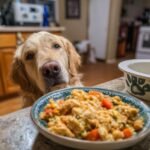 A golden retriever looking longingly at a bowl of chicken and chickpeas with carrots.
