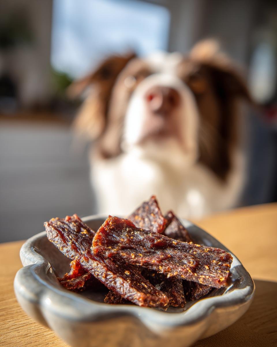A bowl of Chicken Coconut Energy Jerky with a dog looking on in the background.