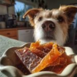 A cute dog eagerly watches a bowl of homemade Chicken Coconut Energy Jerky.