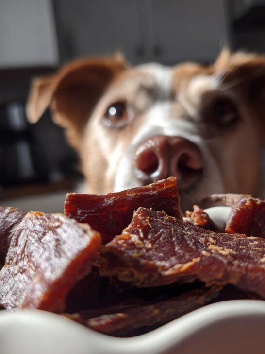 A dog eagerly looking at a bowl of Chicken Coconut Energy Jerky.