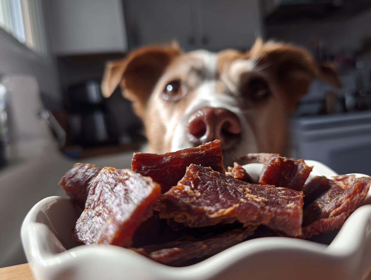 A dog eagerly looking at a bowl of Chicken Coconut Energy Jerky.
