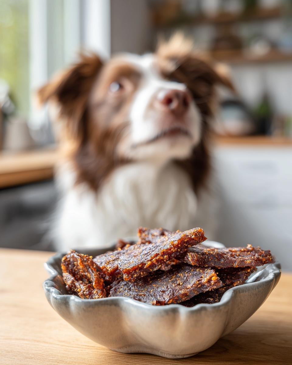 A bowl of homemade Chicken Coconut Energy Jerky with a dog looking on in the background.
