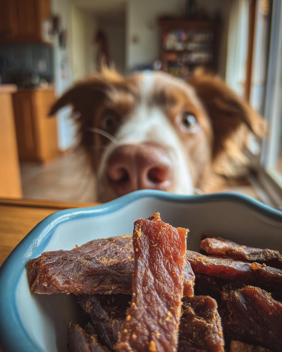 A dog eagerly looks at a bowl of Chicken Coconut Energy Jerky.