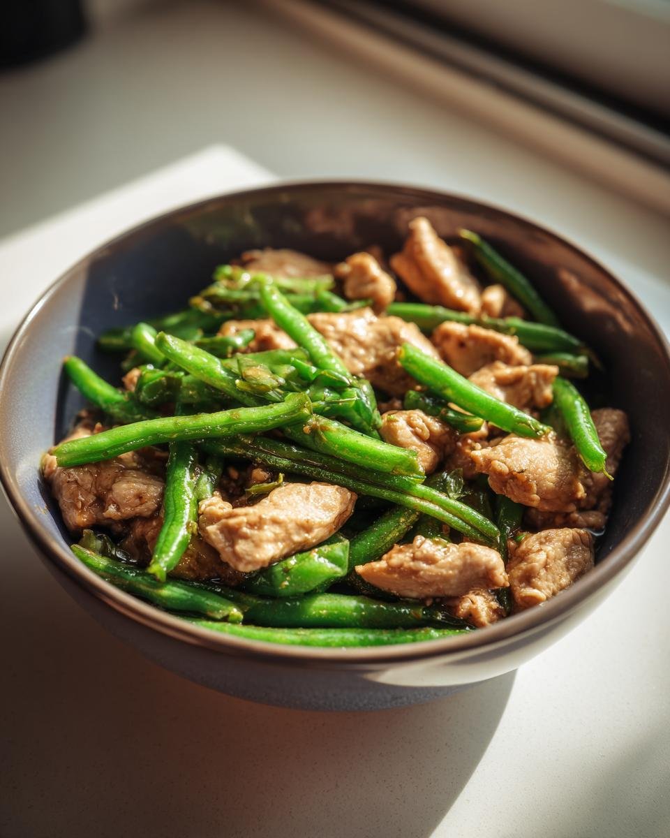 A close-up of a bowl filled with chicken and green beans, perfect for a low calorie plate for weight control.