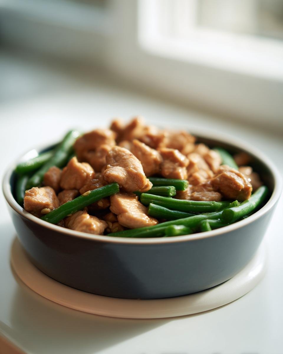 A close-up of a bowl filled with chicken and green beans, perfect for a low-calorie weight control meal.